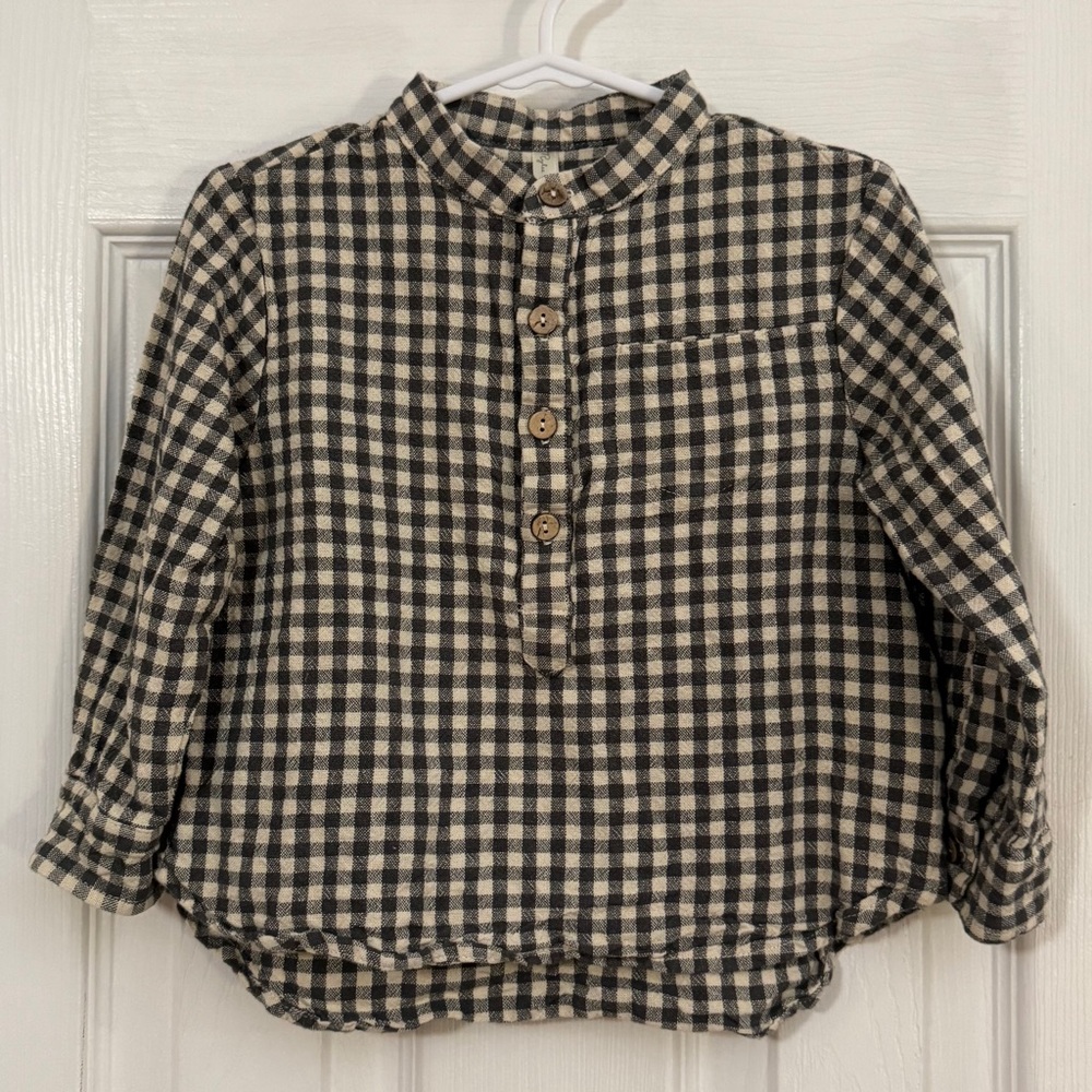 Rylee + Cru Baby Unisex Gingham Button Down Shirt Gray & Tan Long Sleeve